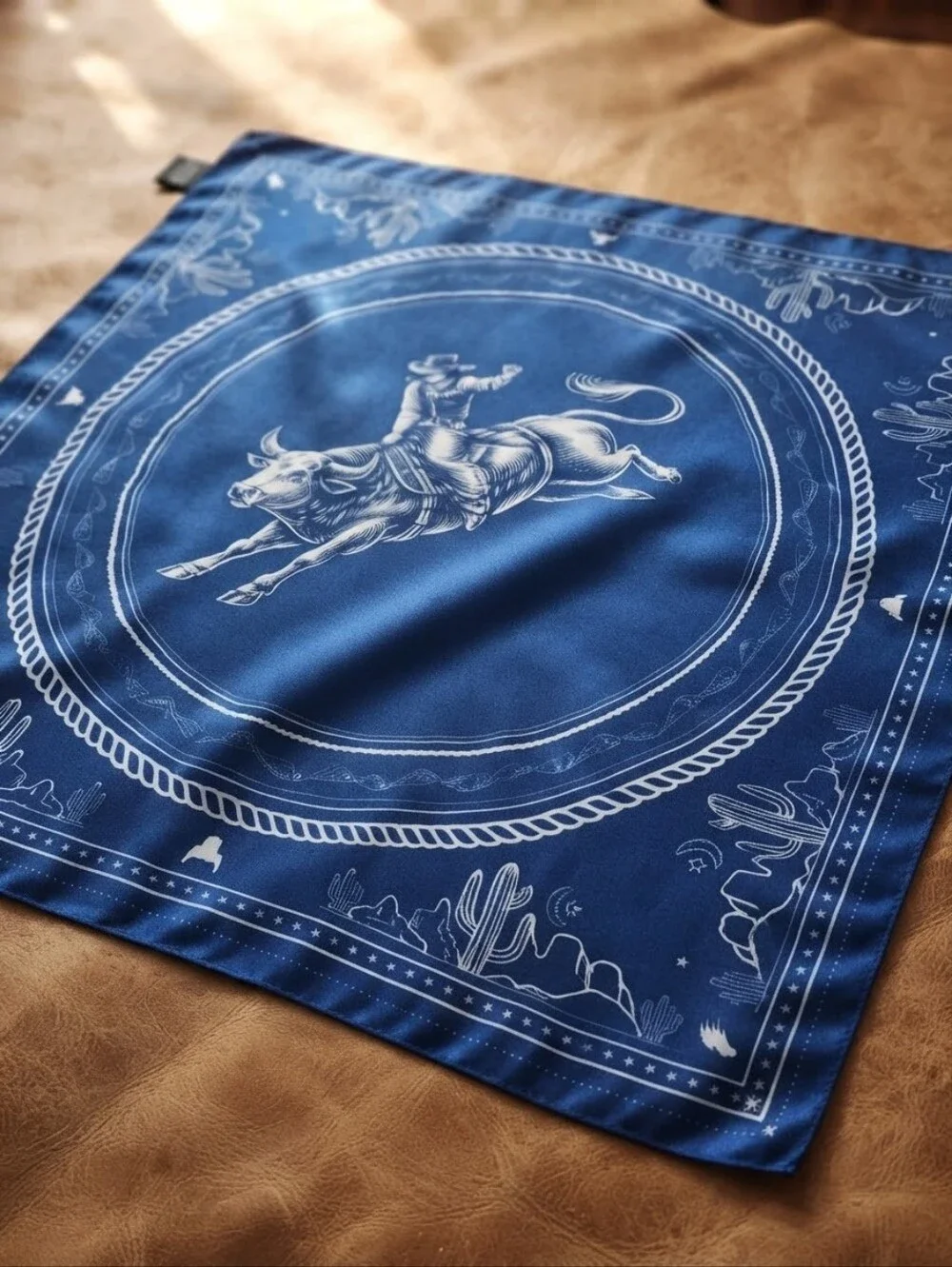 100% Silk Western Bucking Bull Bandana Scarf | Blue & White Wild Rag CC